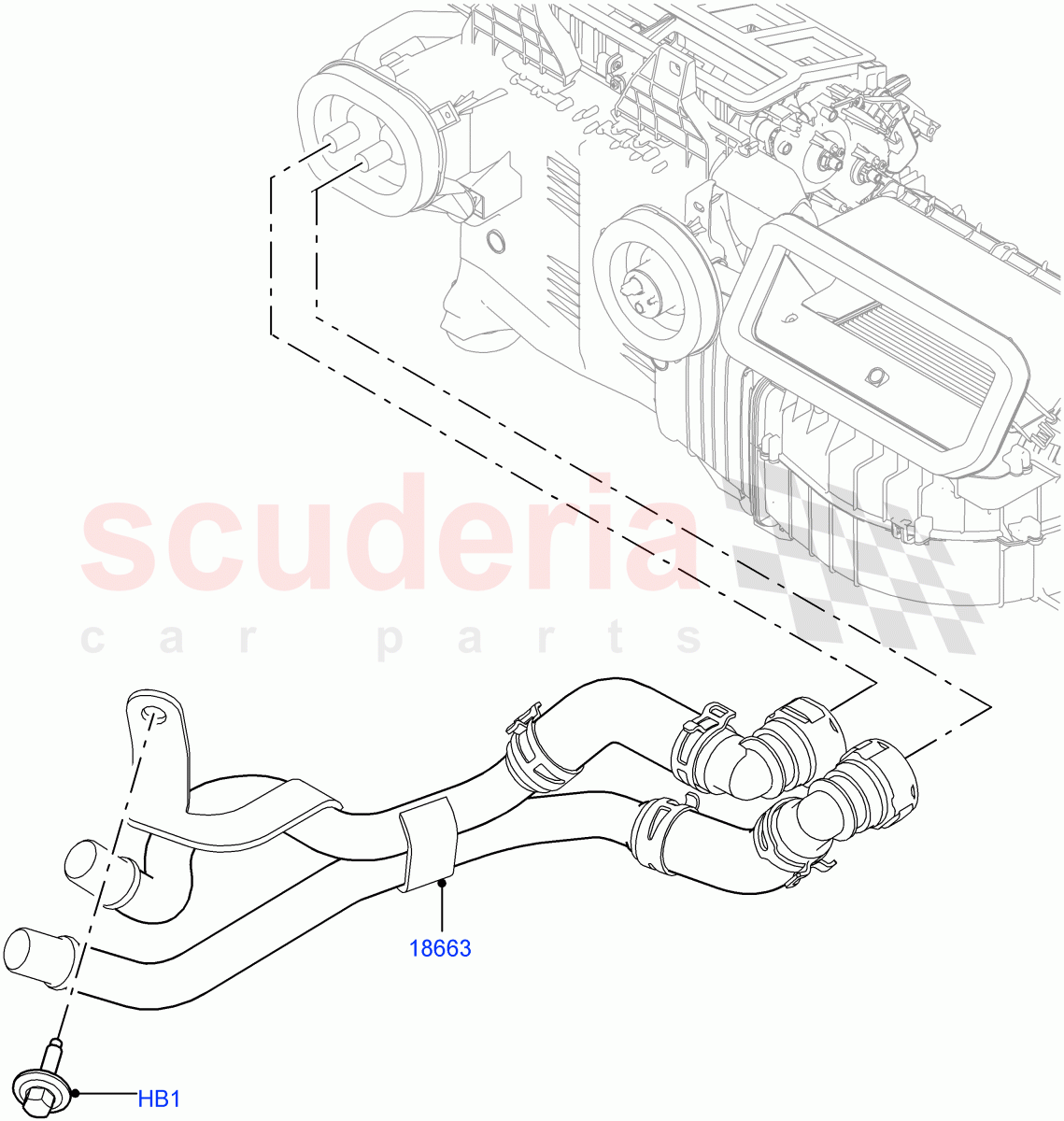 Heater Hoses (Solihull Plant Build) (3.0 V6 D Gen2 Mono Turbo, With Front Comfort Air Con (IHKA), 3.0 V6 D Low MT ROW, With Manual Air Conditioning, 3.0L DOHC GDI SC V6 PETROL, Premium Air Conditioning-Front/Rear) ((V) FROMHA000001, (V) TOJA999999) of Land Rover Land Rover Discovery 5 (2017+) [3.0 DOHC GDI SC V6 Petrol]