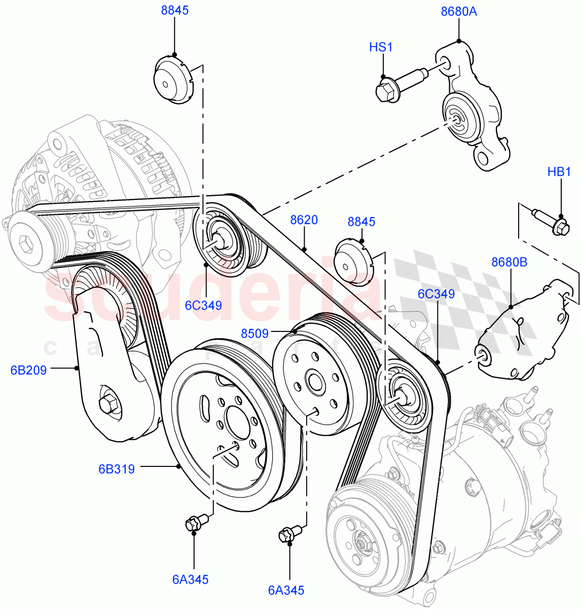 Pulleys And Drive Belts (Nitra Plant Build, Front) (3.0 V6 D Low MT ROW, 3.0 V6 D Gen2 Mono Turbo, 3.0 V6 D Gen2 Twin Turbo) ((V) FROMK2000001) of Land Rover Land Rover Discovery 5 (2017+) [3.0 Diesel 24V DOHC TC]