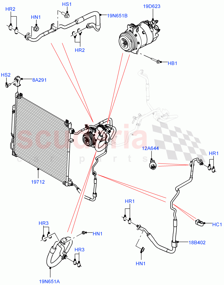 Air Conditioning Condensr/Compressr (Front, Nitra Plant Build) (2.0L I4 DSL MID DOHC AJ200, 2.0L I4 High DOHC AJ200 Petrol, 2.0L I4 DSL HIGH DOHC AJ200) ((V) FROMK2000001, (V) TOL2999999) of Land Rover Land Rover Discovery 5 (2017+) [3.0 DOHC GDI SC V6 Petrol]