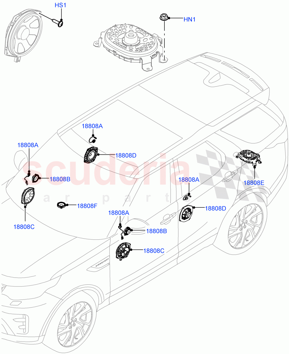 Speakers (Solihull Plant Build) (Hi Line Audio System - 600 W) ((V) FROMHA000001) of Land Rover Land Rover Discovery 5 (2017+) [3.0 Diesel 24V DOHC TC]