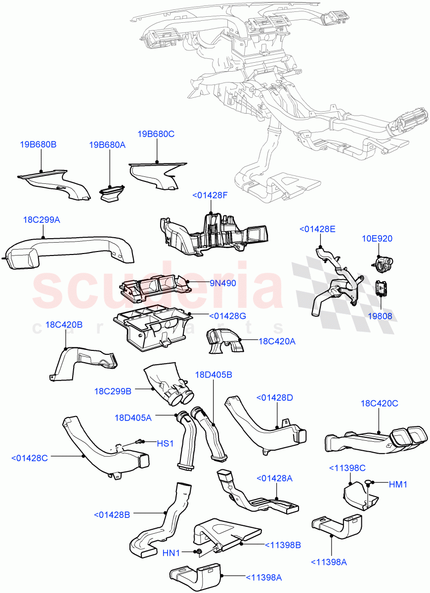Air Vents, Louvres And Ducts (Internal Components) (RHD, Halewood (UK), Head Up Display) ((V) FROMGH000001) of Land Rover Land Rover Range Rover Evoque (2012-2018) [2.2 Single Turbo Diesel]
