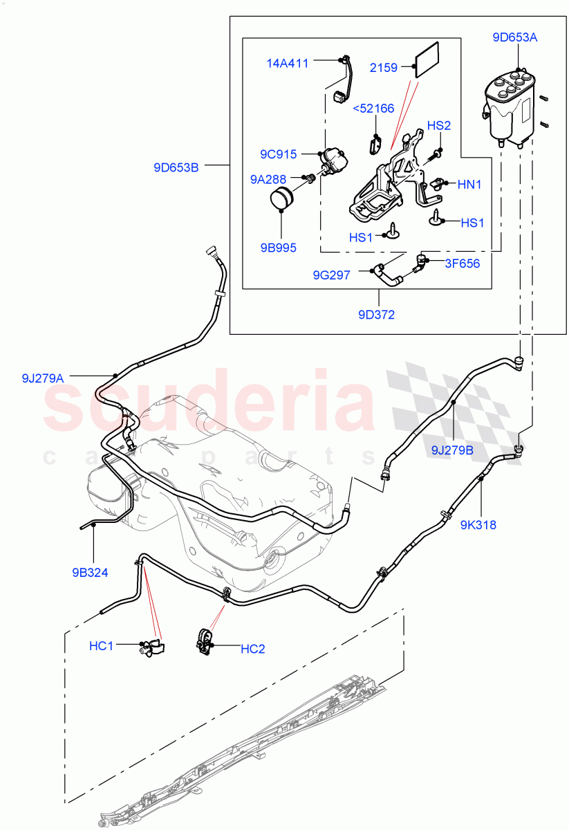 Fuel Lines (Rear) (5 Door, 2.0L 16V TIVCT T/C 240PS Petrol, SULEV Requirements, Halewood (UK), 3 Door, ULEV II Requirements, 2.0L 16V TIVCT T/C Gen2 Petrol) of Land Rover Land Rover Range Rover Evoque (2012-2018) [2.0 Turbo Petrol GTDI]