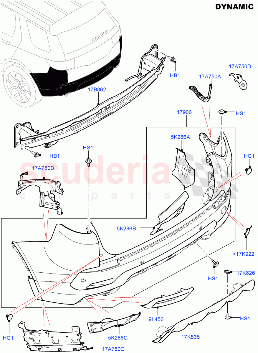Rear Bumper (Dynamic Pack) (Halewood (UK), Front Bumper - Sport - Body Colour, Rear Bumper - Sport - Body Colour) ((V) FROMGH000001, (V) TOKH999999) of Land Rover Land Rover Discovery Sport (2015+) [2.0 Turbo Diesel]