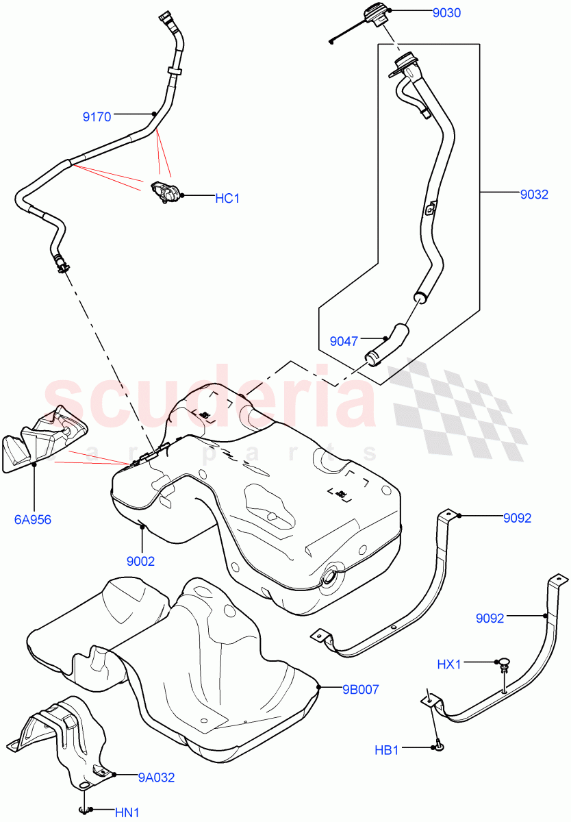 Fuel Tank & Related Parts (2.0L I4 High DOHC AJ200 Petrol, 2.0L I4 Mid DOHC AJ200 Petrol) ((V) FROMJH000001) of Land Rover Land Rover Range Rover Evoque (2012-2018) [2.0 Turbo Petrol AJ200P]