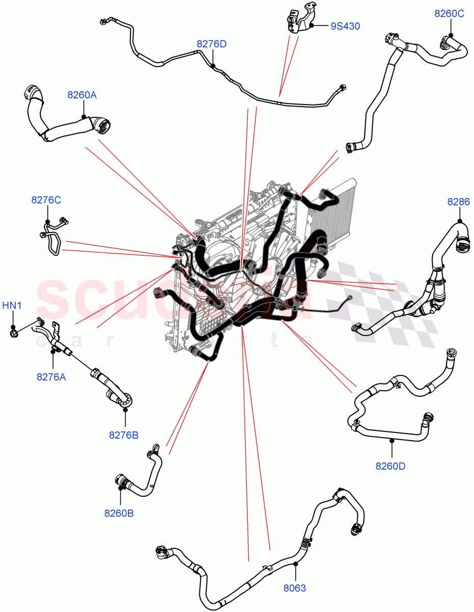 Cooling System Pipes And Hoses (Nitra Plant Build) (2.0L I4 High DOHC AJ200 Petrol, With Standard Engine Cooling System) ((V) FROMM2000001) of Land Rover Land Rover Defender (2020+) [2.0 Turbo Petrol AJ200P]