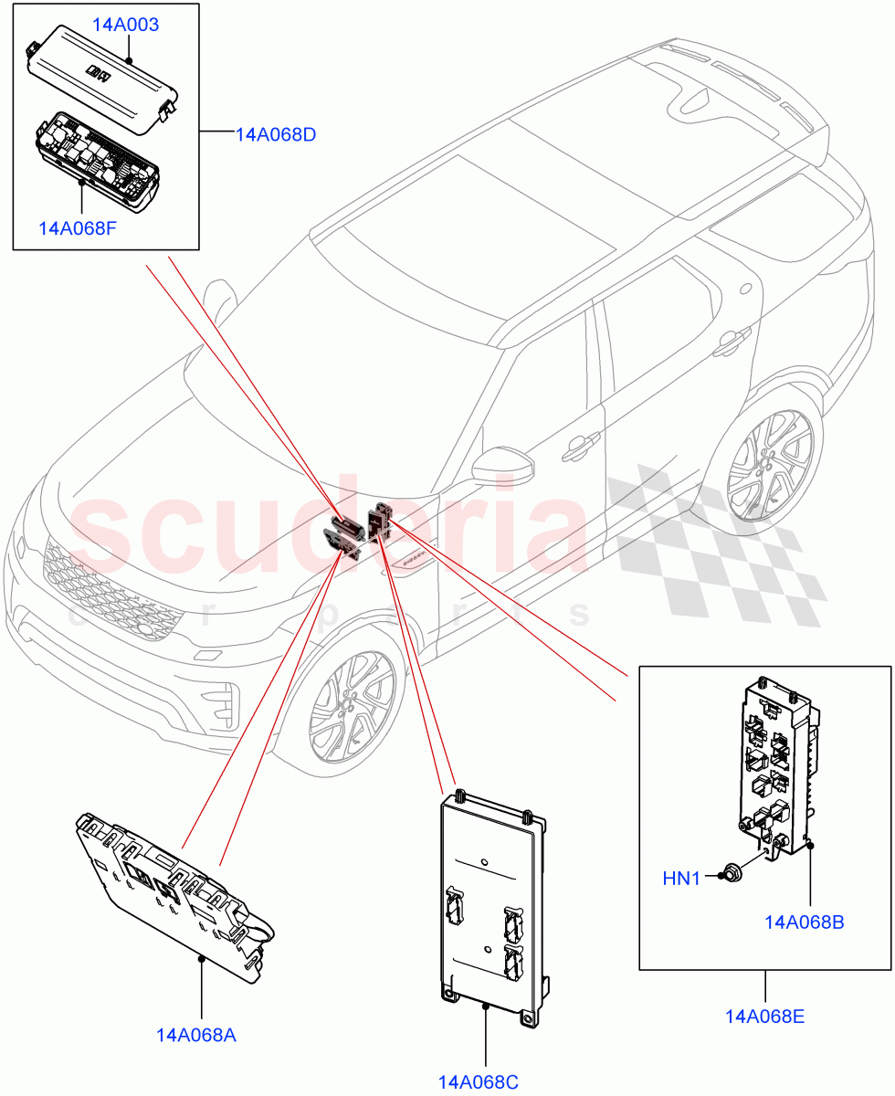 Fuses, Holders And Circuit Breakers (Solihull Plant Build, Front) ((V) FROMHA000001) of Land Rover Land Rover Discovery 5 (2017+) [2.0 Turbo Petrol AJ200P]