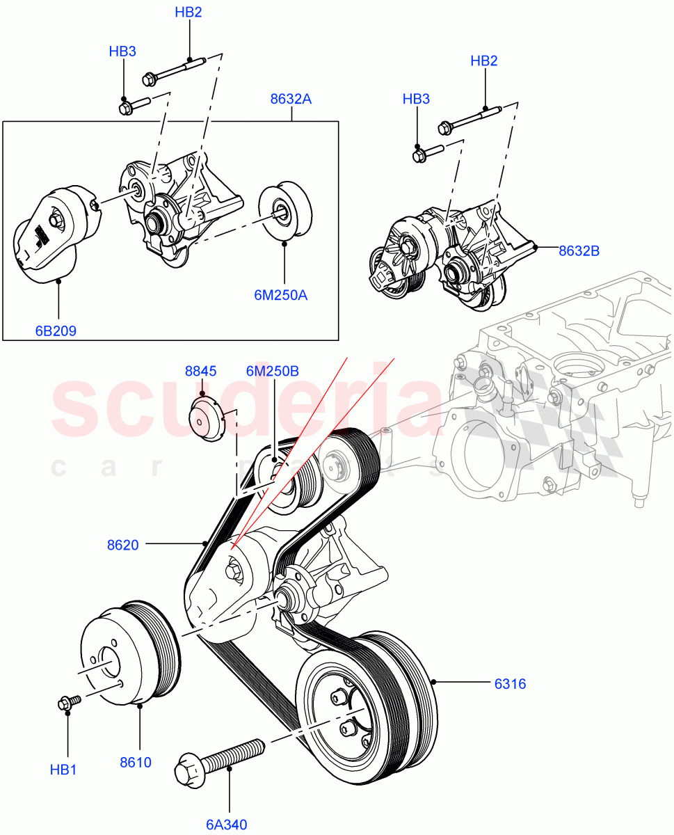 Pulleys And Drive Belts (Solihull Plant Build, Secondary Drive) (3.0L DOHC GDI SC V6 PETROL) ((V) FROMEA000001) of Land Rover Land Rover Range Rover (2012-2021) [3.0 DOHC GDI SC V6 Petrol]