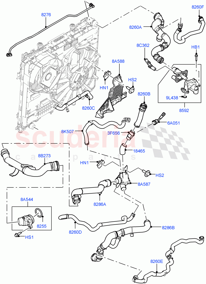 Cooling System Pipes And Hoses (Engine, Solihull Plant Build) (3.0 V6 D Gen2 Twin Turbo, With Standard Engine Cooling System, Immersion Heater - 700W / 110V) ((V) FROMKA000001) of Land Rover Land Rover Range Rover (2012-2021) [3.0 Diesel 24V DOHC TC]