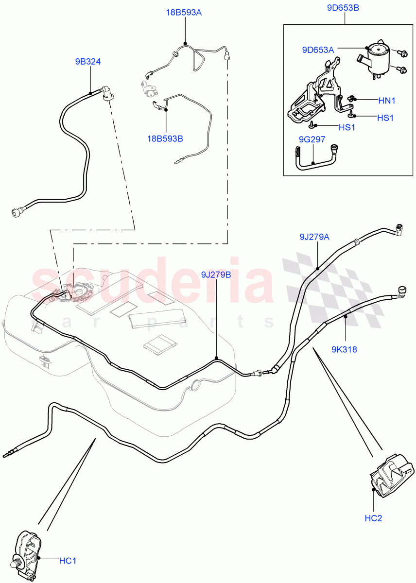 Fuel Lines (Rear) (2.0L 16V TIVCT T/C 240PS Petrol, Halewood (UK), Fuel Tank Filler Neck - Unleaded) of Land Rover Land Rover Discovery Sport (2015+) [2.0 Turbo Petrol GTDI]
