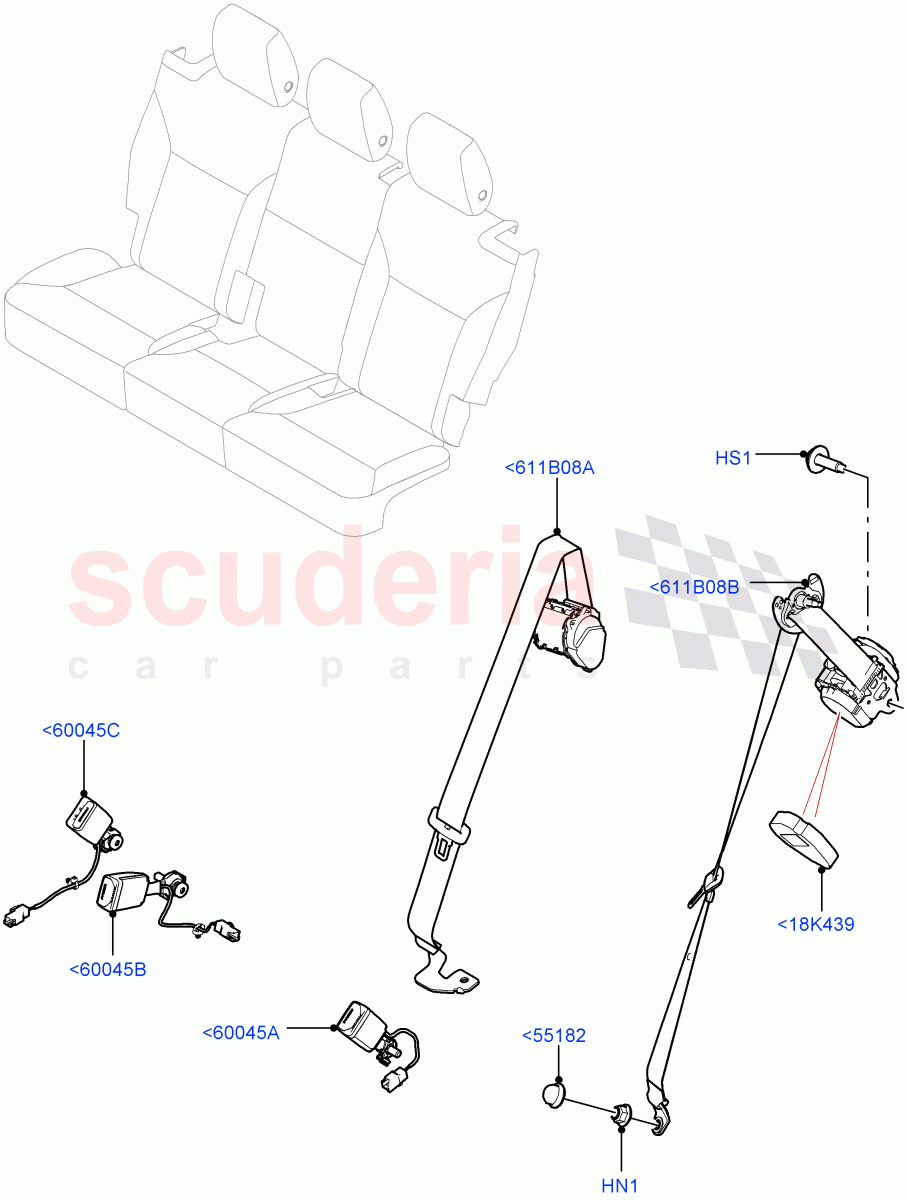 Rear Seat Belts (Solihull Plant Build) ((V) FROMHA000001) of Land Rover Land Rover Discovery 5 (2017+) [3.0 I6 Turbo Petrol AJ20P6]
