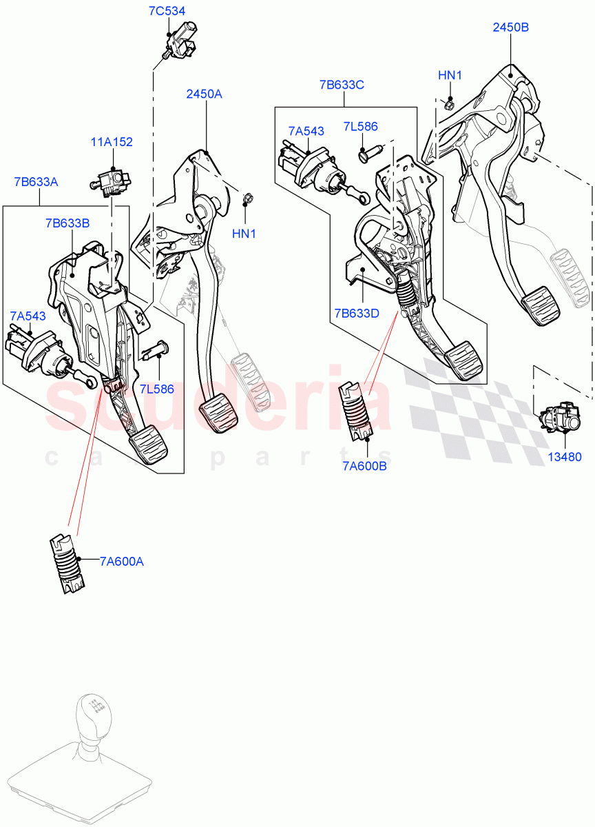 Brake And Clutch Controls (6 Speed Manual Trans M66 - AWD, Halewood (UK), Unique Met Finish Foot Pedals Pads, 6 Speed Manual Trans-JLR M66 2WD, 6 Speed Manual Trans BG6) ((V) FROMGH000001) of Land Rover Land Rover Discovery Sport (2015+) [2.0 Turbo Diesel]