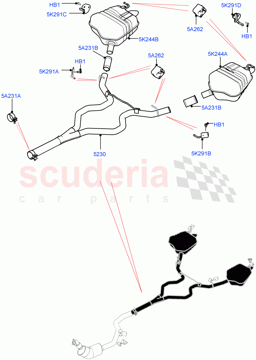Rear Exhaust System (Nitra Plant Build) (3.0 V6 D Low MT ROW, Euro Stage 4 Emissions) ((V) FROMK2000001) of Land Rover Land Rover Discovery 5 (2017+) [3.0 Diesel 24V DOHC TC]
