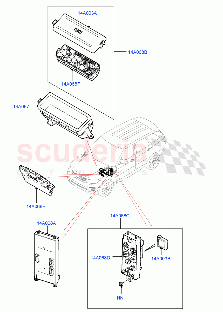 Fuses, Holders And Circuit Breakers (Front) of Land Rover Land Rover Range Rover Sport (2014+) [2.0 Turbo Petrol GTDI]
