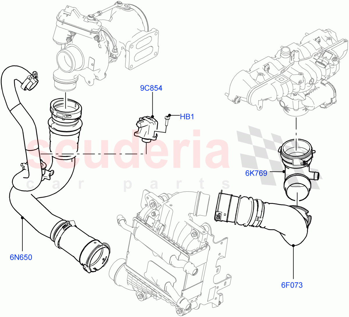 Intercooler/Air Ducts And Hoses (Air Ducts And Hoses, Solihull Plant Build) (2.0L I4 High DOHC AJ200 Petrol, 2.0L AJ200P Hi PHEV) ((V) FROMJA000001, (V) TOLA999999) of Land Rover Land Rover Range Rover (2012-2021) [2.0 Turbo Petrol AJ200P]
