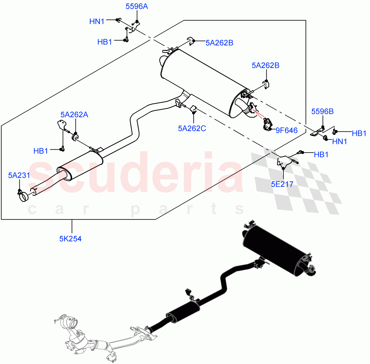 Rear Exhaust System (2.0L AJ20P4 Petrol Mid PTA, Changsu (China), 2.0L AJ20P4 Petrol High PTA) of Land Rover Land Rover Range Rover Evoque (2019+) [2.0 Turbo Petrol AJ200P]