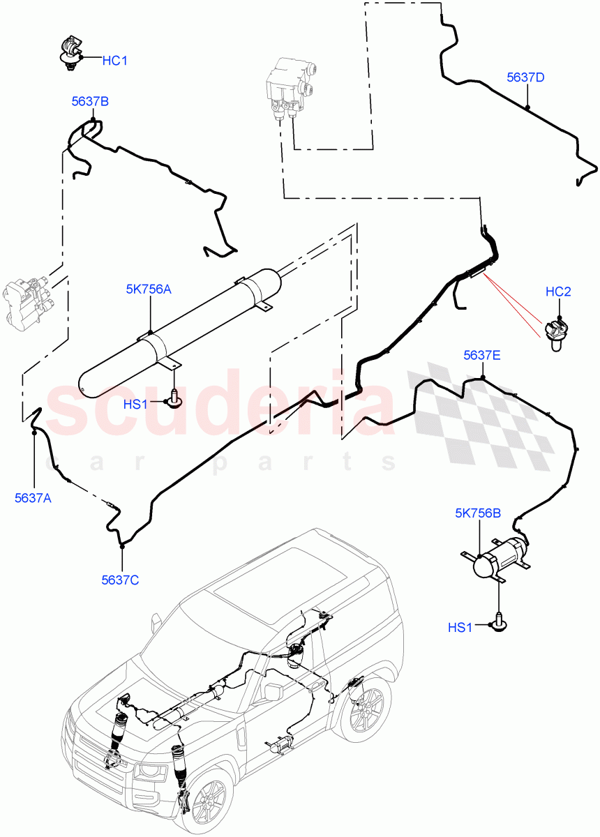 Air Suspension Compressor And Lines (Short Wheelbase, With Four Corner Air Suspension) of Land Rover Land Rover Defender (2020+) [2.0 Turbo Diesel]