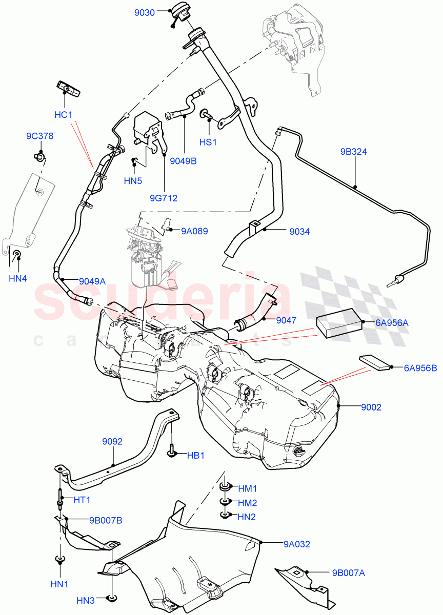 Fuel Tank & Related Parts (2.0L I4 Mid DOHC AJ200 Petrol, Petrol Tank With Leak Detection, 2.0L I4 High DOHC AJ200 Petrol, Pet Tank With Leak Det - Lrg Filter) ((V) FROMKA000001) of Land Rover Land Rover Range Rover Velar (2017+) [2.0 Turbo Petrol AJ200P]