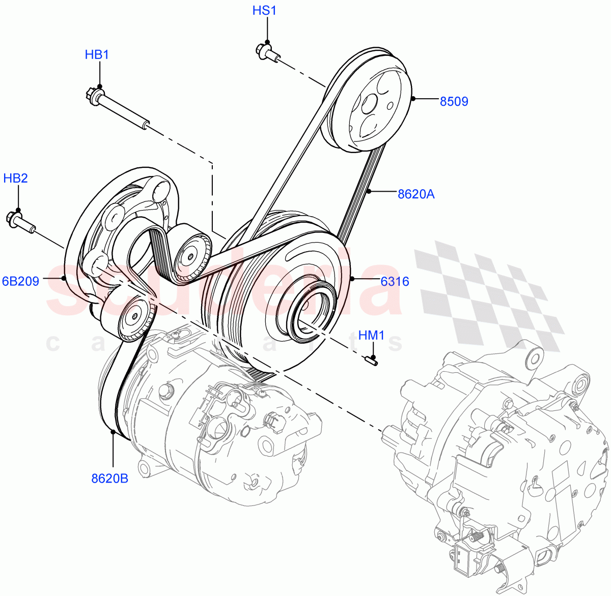 Pulleys And Drive Belts (2.0L AJ20P4 Petrol E100 PTA, Halewood (UK), Electric Engine Battery-MHEV, 2.0L AJ20P4 Petrol High PTA, 2.0L AJ20P4 Petrol Mid PTA) of Land Rover Land Rover Range Rover Evoque (2019+) [2.0 Turbo Petrol AJ200P]