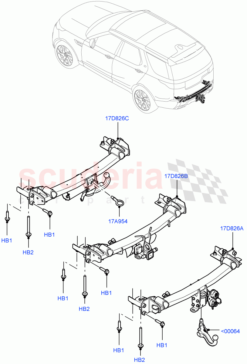 Tow Bar (Solihull Plant Build) (Tow Hitch Receiver NAS, Tow Hitch Receiver 12 Pin Elec, Tow Hitch - Electric Deployable, Tow Hitch Elec Deployable Swan Neck, Tow Hitch Man Detachable Swan Neck, Tow Hitch - Detatchable) ((V) FROMHA000001) of Land Rover Land Rover Discovery 5 (2017+) [3.0 Diesel 24V DOHC TC]