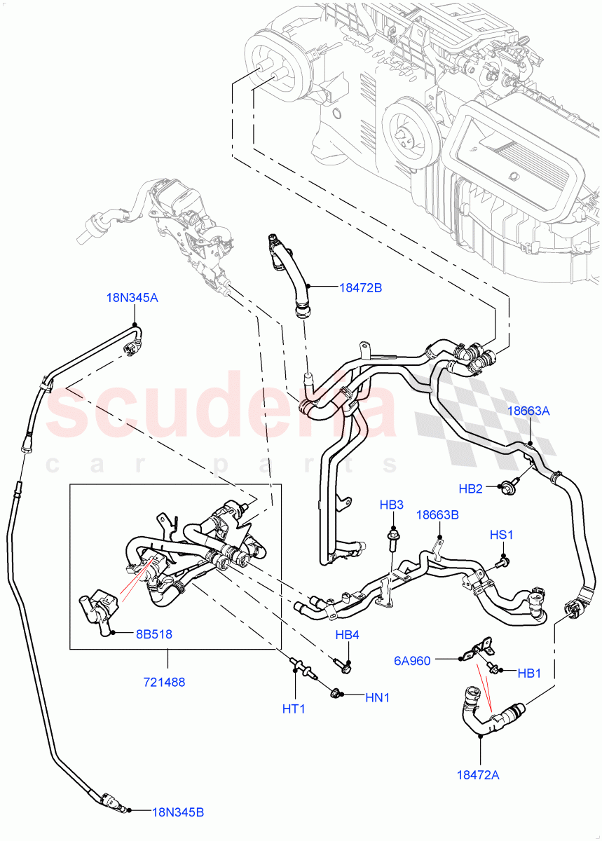 Heater Hoses (Solihull Plant Build) (2.0L I4 High DOHC AJ200 Petrol, Fuel Heater W/Pk Heat With Remote, Premium Air Conditioning-Front/Rear, Fuel Fired Heater With Park Heat, With Fuel Fired Heater) ((V) FROMKA000001) of Land Rover Land Rover Discovery 5 (2017+) [2.0 Turbo Diesel]