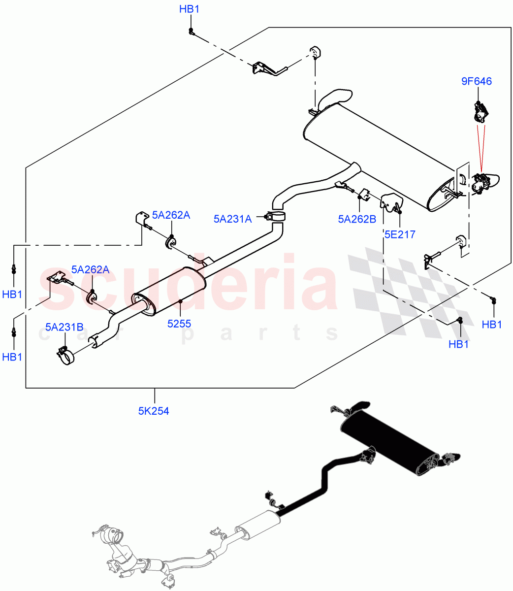 Rear Exhaust System (2.0L AJ20P4 Petrol E100 PTA, Itatiaia (Brazil), Less 3rd Row Rear Seat) ((V) FROMLT000001) of Land Rover Land Rover Discovery Sport (2015+) [2.0 Turbo Petrol AJ200P]