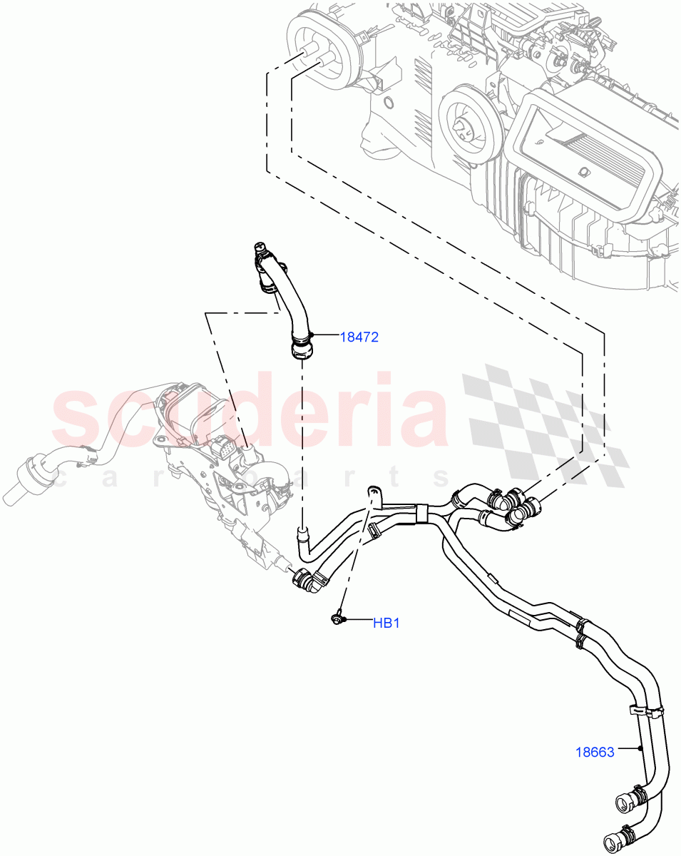 Heater Hoses (Solihull Plant Build) (2.0L I4 DSL HIGH DOHC AJ200, With Fuel Fired Heater, With Air Conditioning - Front/Rear, 2.0L I4 DSL MID DOHC AJ200, With Front Comfort Air Con (IHKA), With Manual Air Conditioning) ((V) FROMKA000001) of Land Rover Land Rover Discovery 5 (2017+) [3.0 I6 Turbo Diesel AJ20D6]