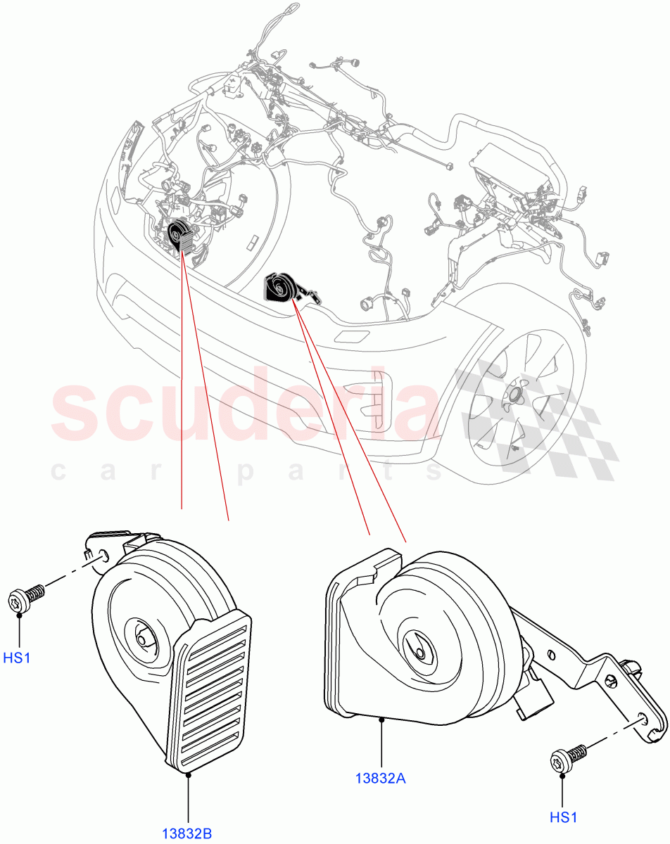 Battery Cables And Horn (Solihull Plant Build, Horn) ((V) FROMHA000001) of Land Rover Land Rover Discovery 5 (2017+) [3.0 I6 Turbo Petrol AJ20P6]