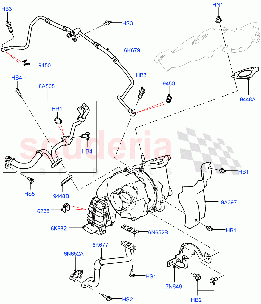 Turbocharger (Solihull Plant Build, LH Side - Primary) (3.0 V6 D Gen2 Twin Turbo) ((V) FROMFA000001) of Land Rover Land Rover Range Rover (2012-2021) [3.0 Diesel 24V DOHC TC]