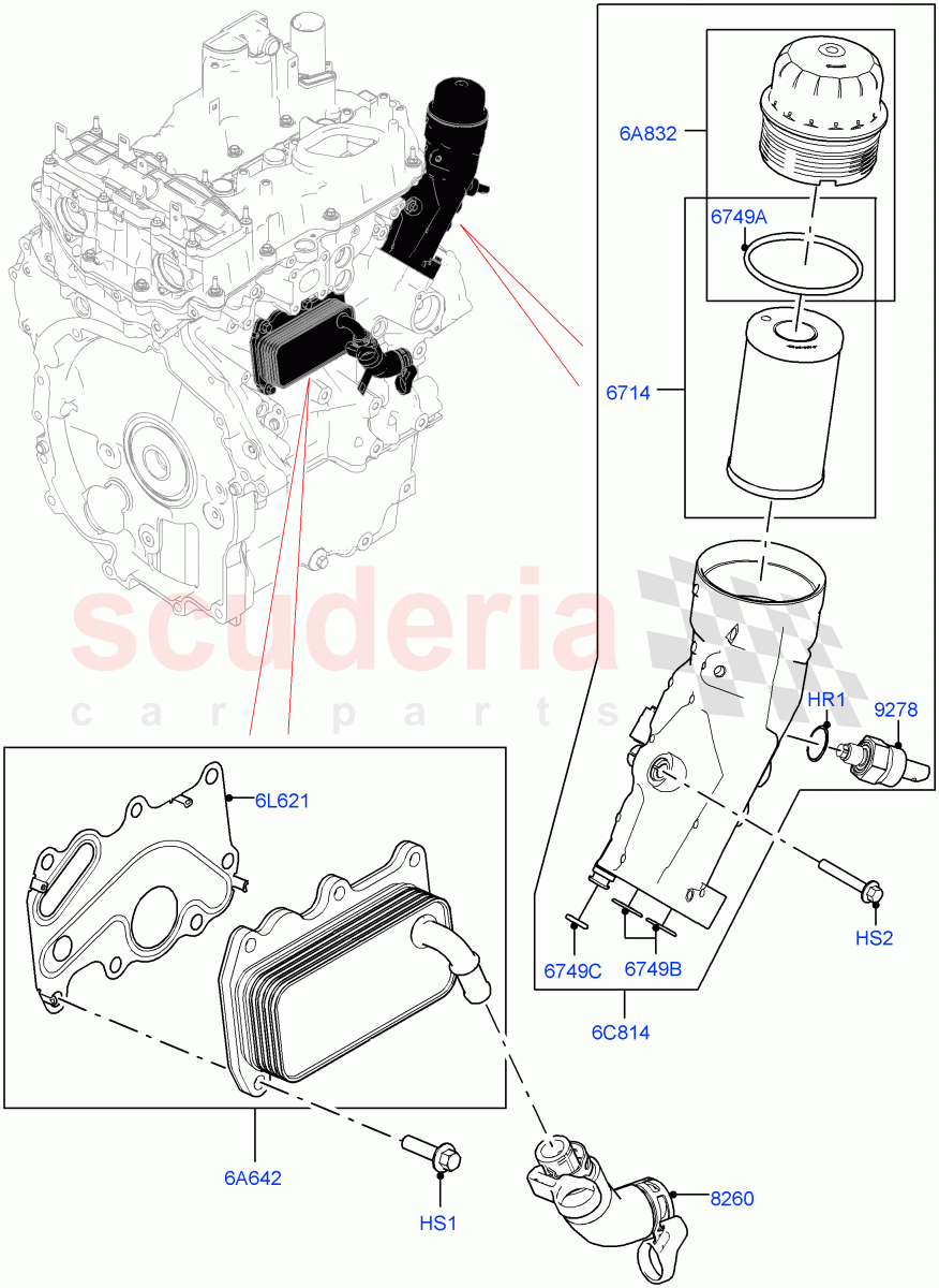 Oil Cooler And Filter (1.5L AJ20P3 Petrol High PHEV, Halewood (UK), 1.5L AJ20P3 Petrol High) ((V) FROMLH000001) of Land Rover Land Rover Range Rover Evoque (2019+) [1.5 I3 Turbo Petrol AJ20P3]