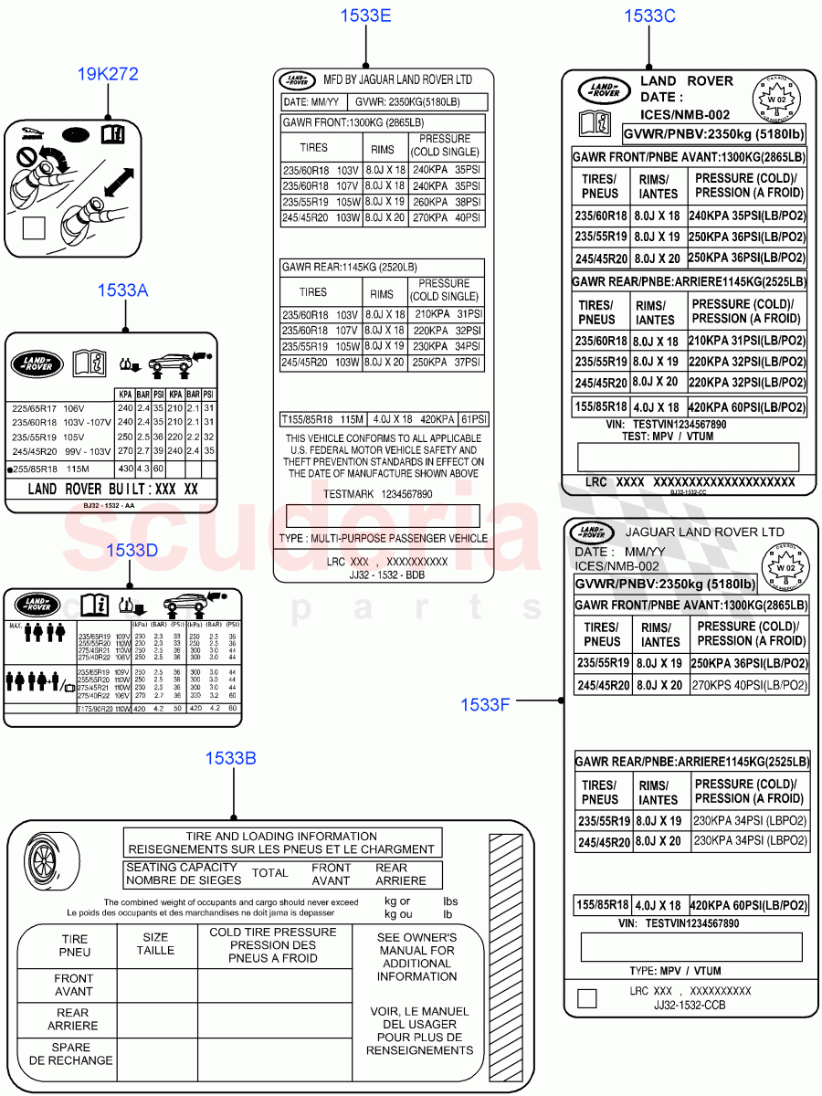 Labels (Tyre Pressure Label) (Halewood (UK)) of Land Rover Land Rover Range Rover Evoque (2012-2018) [2.0 Turbo Petrol GTDI]