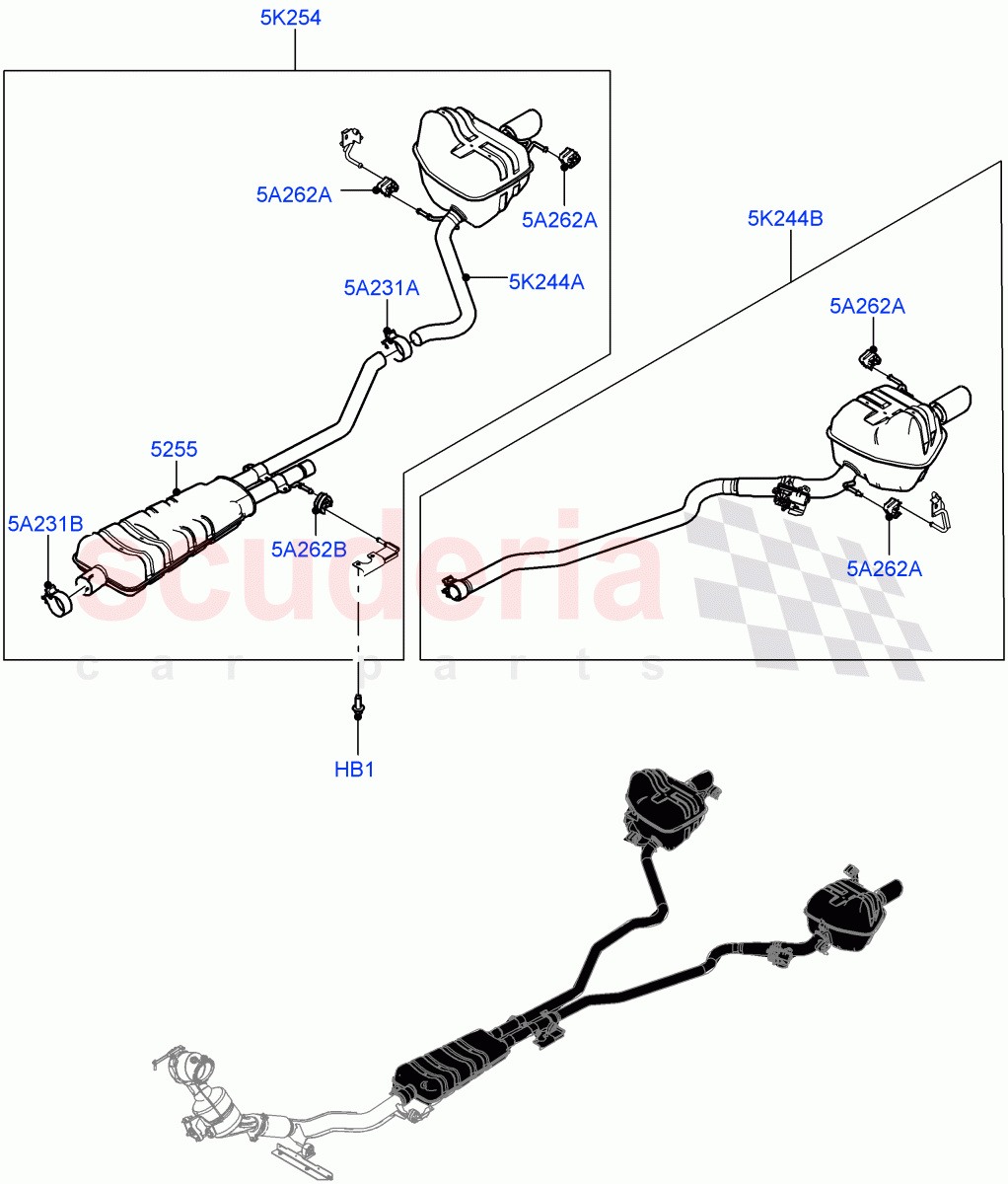 Rear Exhaust System (2.0L I4 Mid AJ200 Petrol E100, Itatiaia (Brazil), With 7 Seat Configuration, Spare Wheel - Reduced Section Steel, 2.0L I4 Mid DOHC AJ200 Petrol) ((V) FROMJT000001) of Land Rover Land Rover Discovery Sport (2015+) [2.0 Turbo Petrol AJ200P]