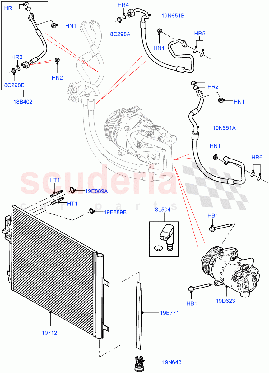 Air Conditioning Condensr/Compressr (2.0L I4 DSL MID DOHC AJ200, Itatiaia (Brazil), 2.0L I4 Mid DOHC AJ200 Petrol, 2.0L I4 DSL HIGH DOHC AJ200, 2.0L I4 Mid AJ200 Petrol E100, 2.0L AJ20D4 Diesel Mid PTA) ((V) FROMGT000001) of Land Rover Land Rover Discovery Sport (2015+) [2.0 Turbo Diesel]