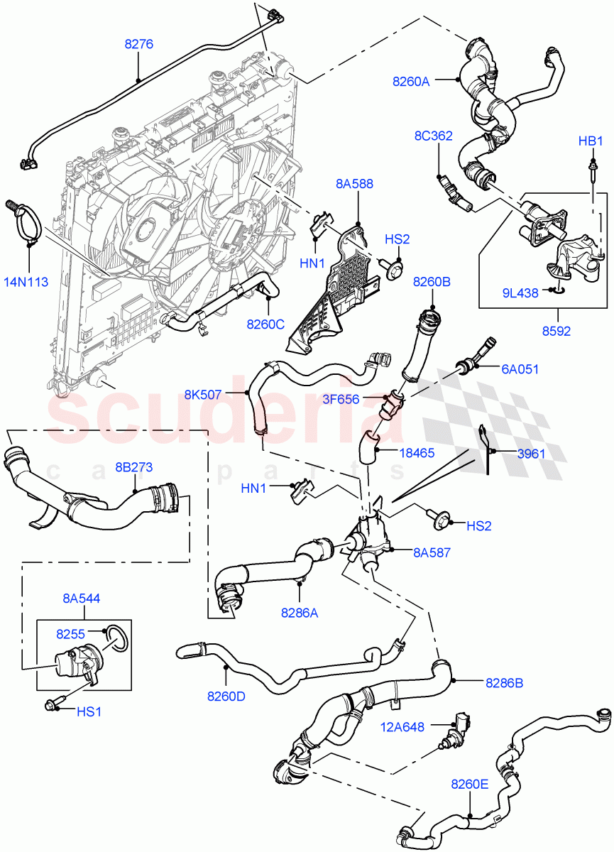 Cooling System Pipes And Hoses (Engine) (3.0 V6 D Gen2 Twin Turbo, 8 Speed Auto Trans ZF 8HP70 4WD, (+) "CDN/MEX/USA", Crankcase Pressure Sensor, 3.0 V6 D Gen2 Mono Turbo) ((V) FROMGA000001, (V) TOJA999999) of Land Rover Land Rover Range Rover (2012-2021) [3.0 Diesel 24V DOHC TC]
