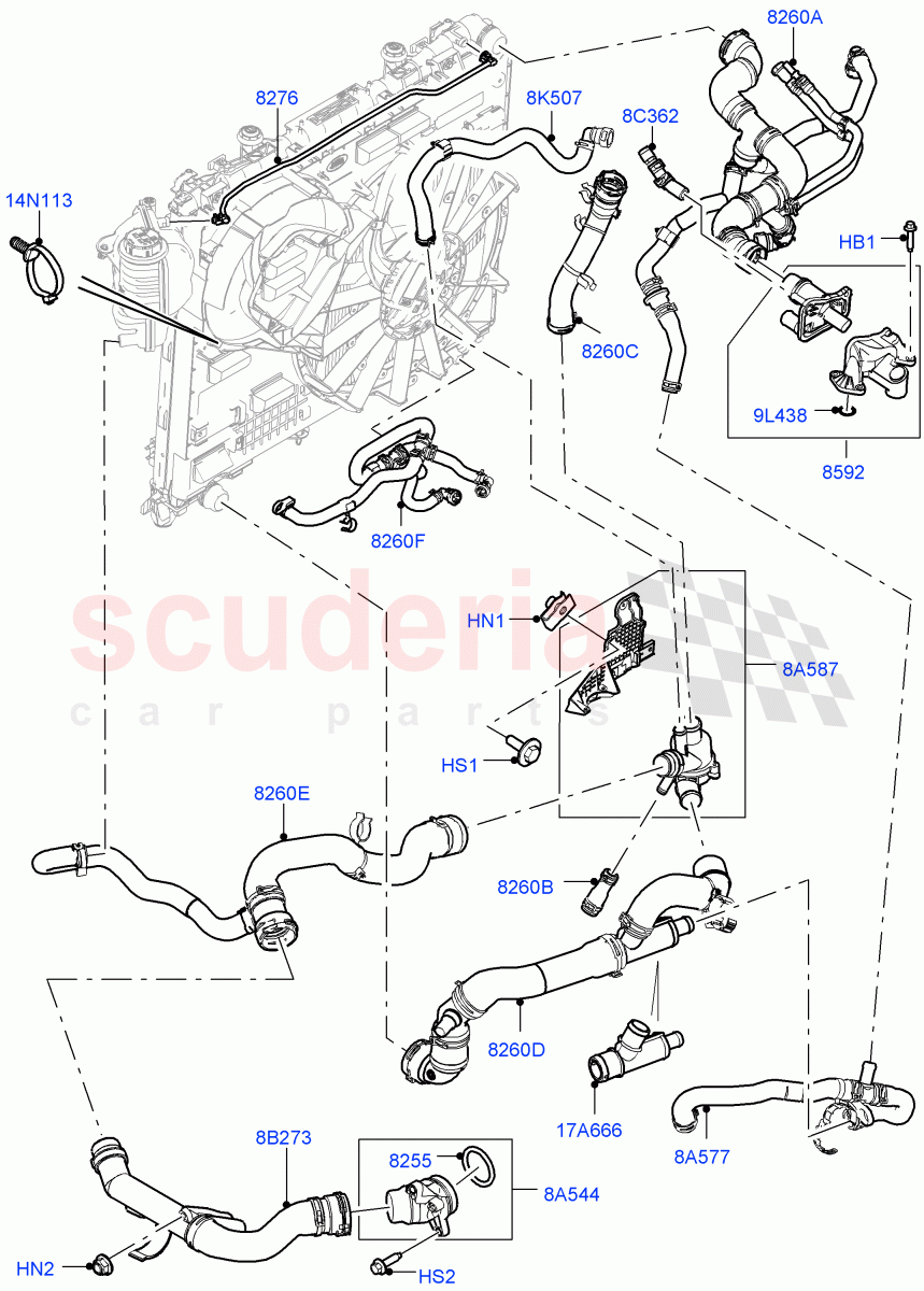 Cooling System Pipes And Hoses (Engine) (3.0 V6 D Gen2 Mono Turbo, 8 Speed Auto Trans ZF 8HP70 HEV 4WD, Less Crankcase Pressure Sensor, 3.0 V6 D Gen2 Twin Turbo) ((V) FROMGA000001) of Land Rover Land Rover Range Rover Sport (2014+) [3.0 Diesel 24V DOHC TC]