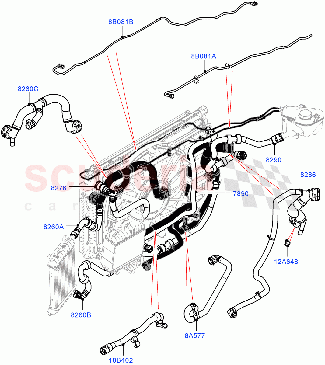 Cooling System Pipes And Hoses (2.0L I4 Mid DOHC AJ200 Petrol, With Extra Engine Cooling System, Less Active Tranmission Warming, 2.0L I4 Mid AJ200 Petrol E100) ((V) FROMJH000001) of Land Rover Land Rover Discovery Sport (2015+) [2.0 Turbo Petrol AJ200P]
