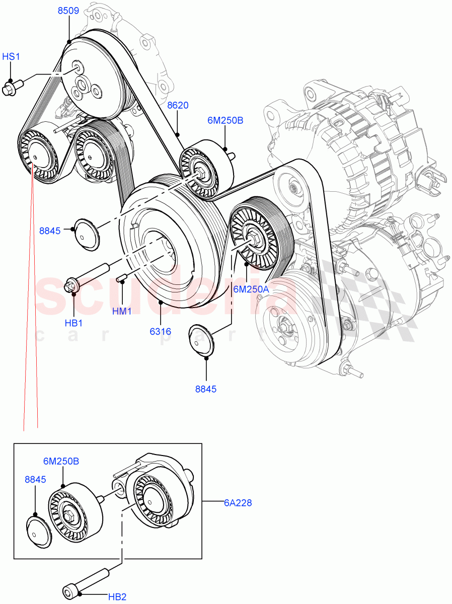 Pulleys And Drive Belts (Solihull Plant Build) (2.0L I4 DSL HIGH DOHC AJ200, 2.0L I4 DSL MID DOHC AJ200) ((V) FROMHA000001) of Land Rover Land Rover Range Rover Velar (2017+) [2.0 Turbo Diesel]