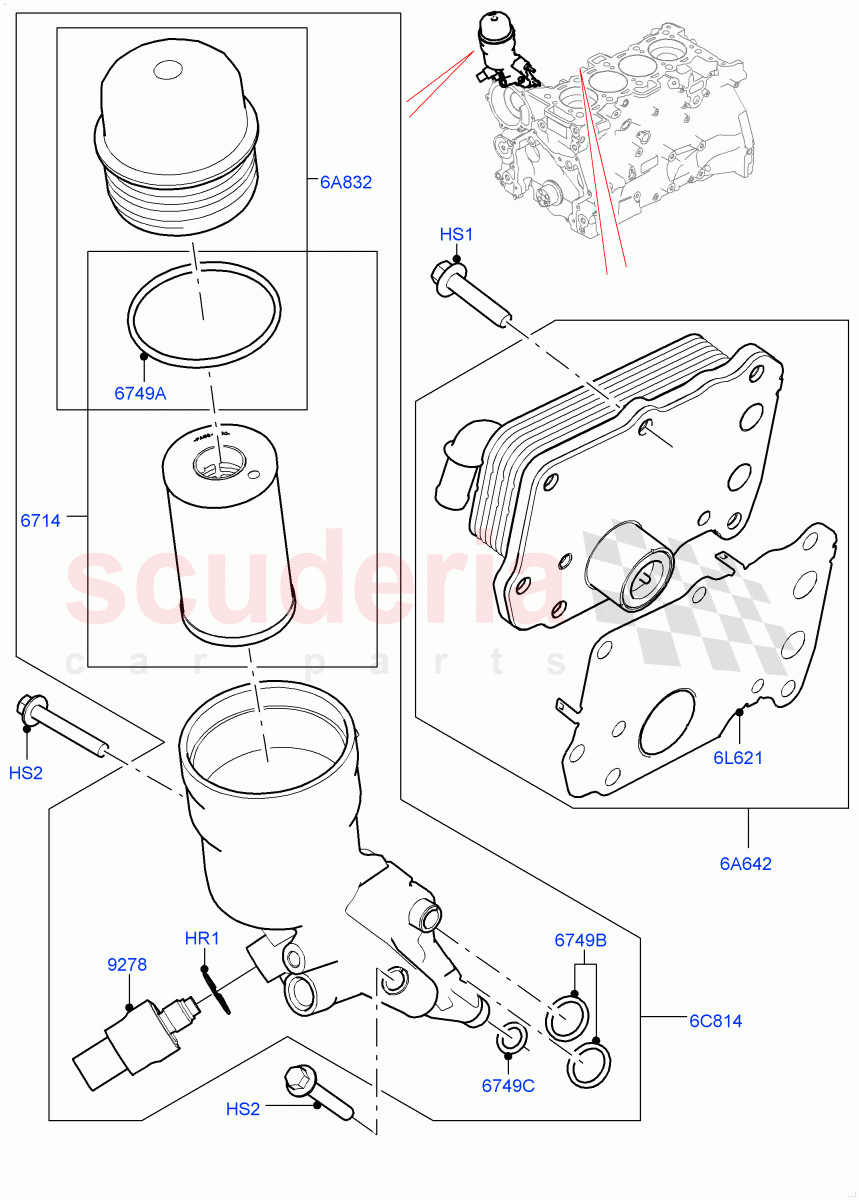 Oil Cooler And Filter (Solihull Plant Build) (2.0L I4 Mid DOHC AJ200 Petrol, 2.0L I4 High DOHC AJ200 Petrol, 2.0L AJ200P Hi PHEV) ((V) FROMHA000001) of Land Rover Land Rover Discovery 5 (2017+) [2.0 Turbo Petrol AJ200P]