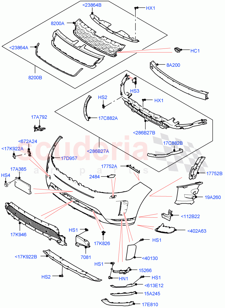 Radiator Grille And Front Bumper (Standard Wheelbase, Changsu (China), Front Bumper - Painted Body Colour) of Land Rover Land Rover Range Rover Evoque (2019+) [1.5 I3 Turbo Petrol AJ20P3]