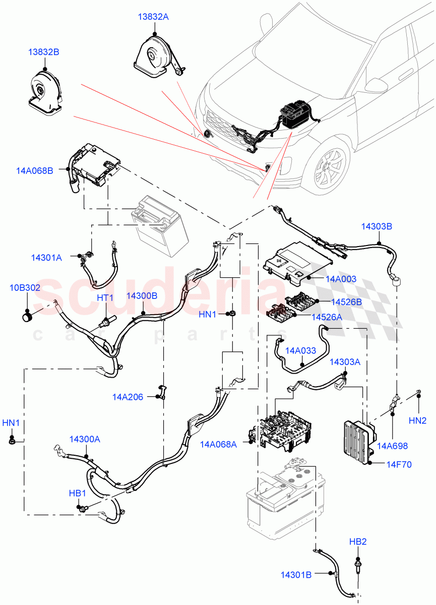 Battery Cables And Horn (Halewood (UK)) of Land Rover Land Rover Range Rover Evoque (2019+) [1.5 I3 Turbo Petrol AJ20P3]