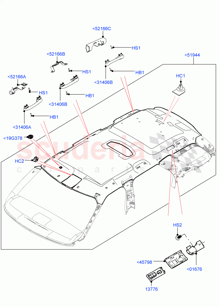 Headlining And Sun Visors (Nitra Plant Build) (Less Panorama Roof, With 3rd Row Double Seat, With 5 Seat Configuration, With Third Row Power Folding Seat, Less 3rd Row Rear Seat, With 7 Seat Configuration) ((V) FROMK2000001) of Land Rover Land Rover Discovery 5 (2017+) [3.0 I6 Turbo Petrol AJ20P6]