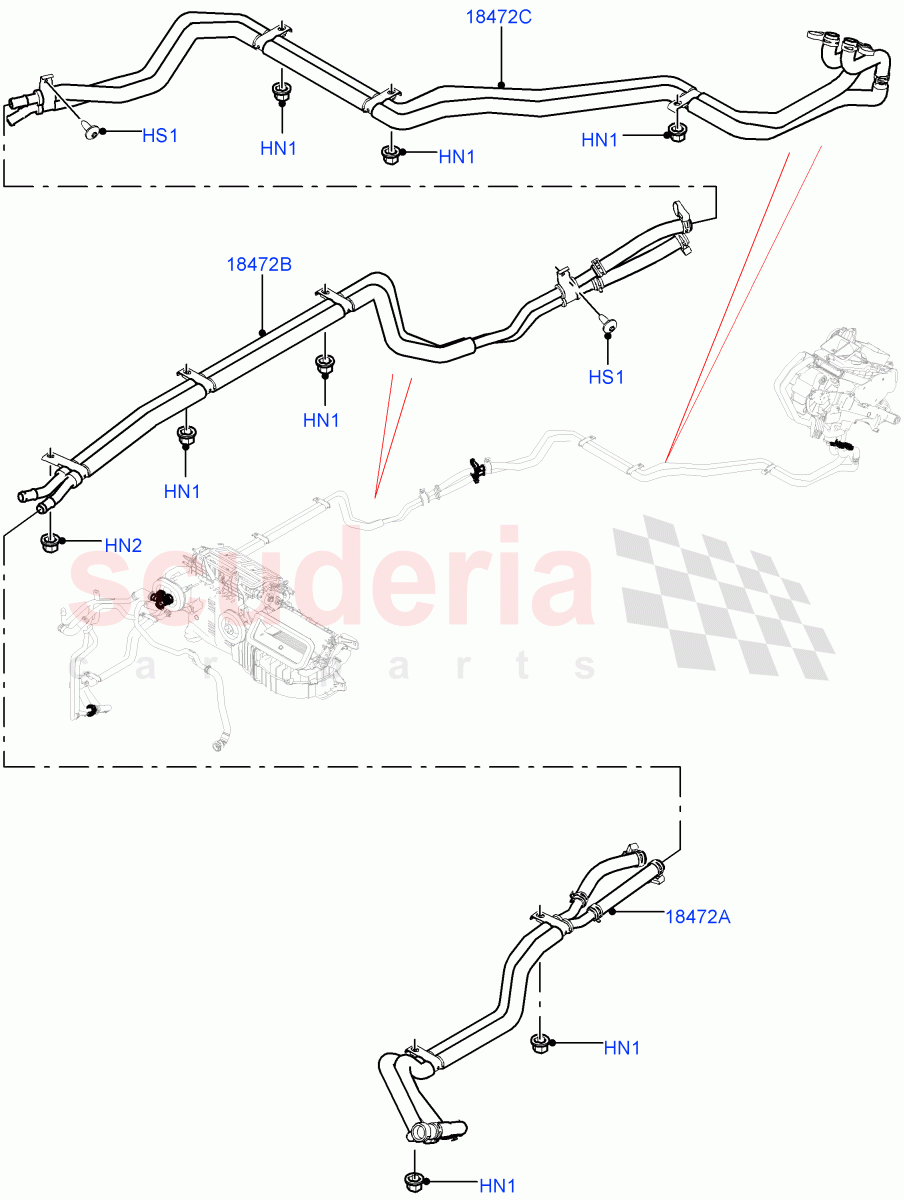 Heater Hoses (Solihull Plant Build) (2.0L I4 DSL MID DOHC AJ200, 2.0L I4 High DOHC AJ200 Petrol, 2.0L I4 DSL HIGH DOHC AJ200) ((V) FROMKA000001) of Land Rover Land Rover Discovery 5 (2017+) [3.0 I6 Turbo Diesel AJ20D6]