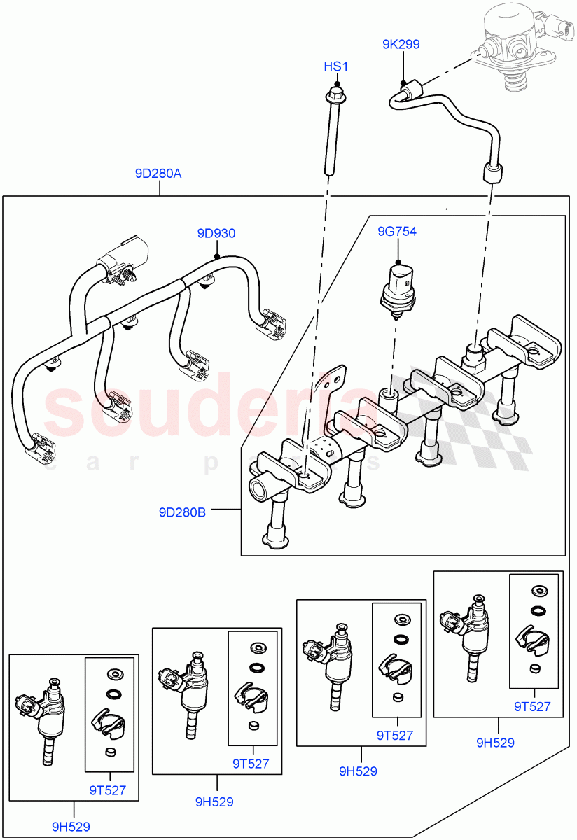 Fuel Injectors And Pipes (Nitra Plant Build) (2.0L I4 High DOHC AJ200 Petrol, 2.0L AJ200P Hi PHEV) ((V) FROMK2000001) of Land Rover Land Rover Discovery 5 (2017+) [2.0 Turbo Petrol AJ200P]