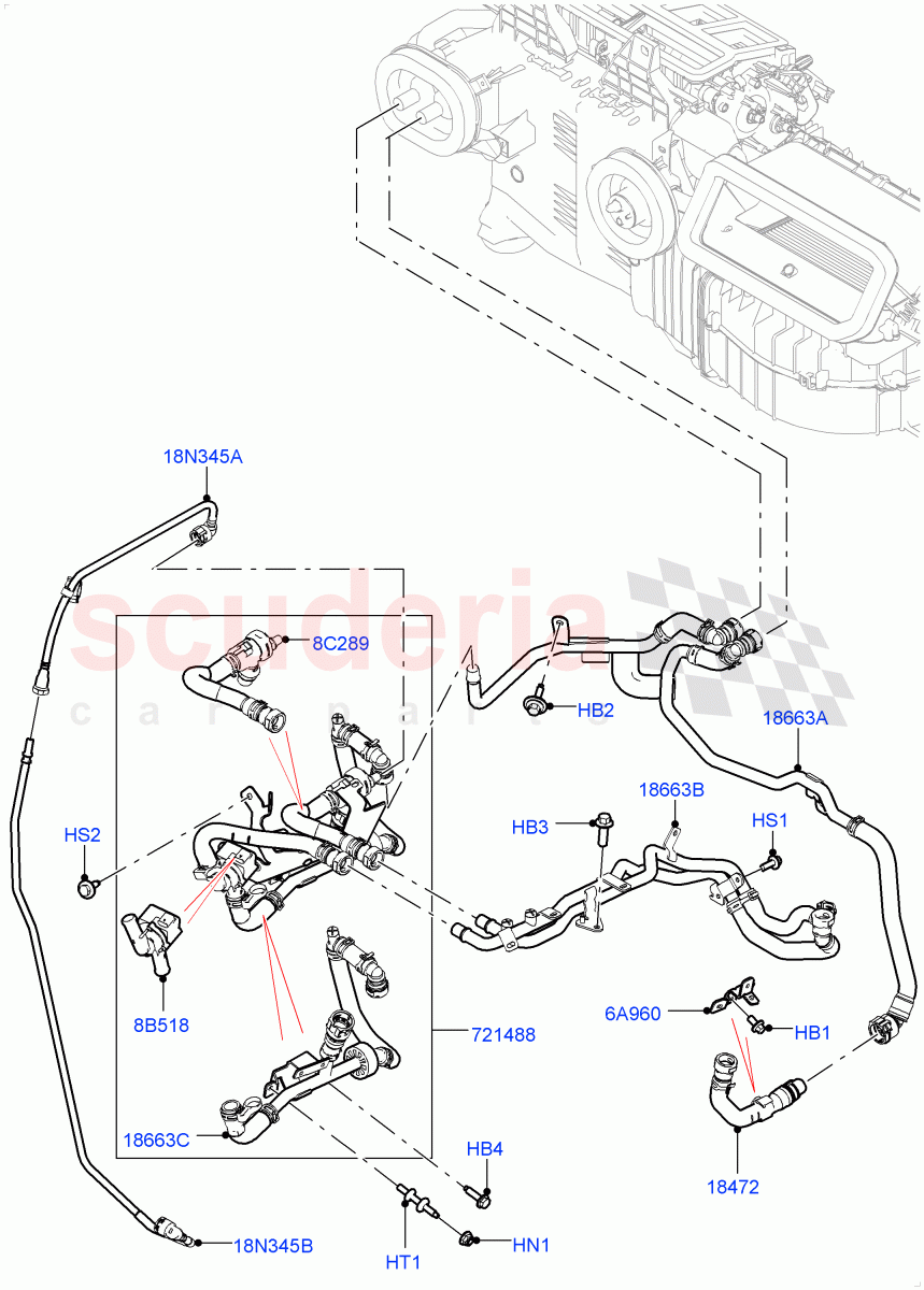 Heater Hoses (Solihull Plant Build) (2.0L I4 High DOHC AJ200 Petrol, With Ptc Heater, Premium Air Conditioning-Front/Rear, With Manual Air Conditioning, With Front Comfort Air Con (IHKA), With Fresh Air Heater) ((V) FROMJA000001, (V) TOJA999999) of Land Rover Land Rover Discovery 5 (2017+) [2.0 Turbo Petrol AJ200P]