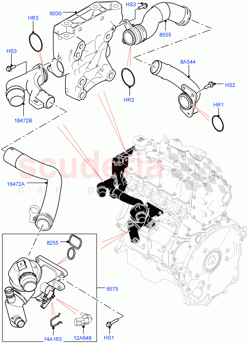 Thermostat/Housing & Related Parts (2.0L I4 DSL MID DOHC AJ200, 6 Speed Manual Trans-JLR M66 2WD, Halewood (UK), 6 Speed Manual Trans M66 - AWD, 2.0L I4 DSL HIGH DOHC AJ200, 9 Speed Auto AWD, 6 Speed Manual Trans BG6) of Land Rover Land Rover Range Rover Evoque (2012-2018) [2.0 Turbo Diesel]