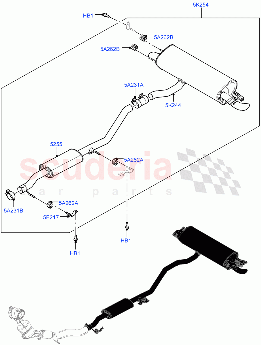Rear Exhaust System (5 Door, 2.0L I4 Mid DOHC AJ200 Petrol, Changsu (China), Dual Exh Olet W/Squa Tail Pipe Garn, 2.0L I4 High DOHC AJ200 Petrol) ((V) FROMHG161788) of Land Rover Land Rover Range Rover Evoque (2012-2018) [2.0 Turbo Petrol AJ200P]