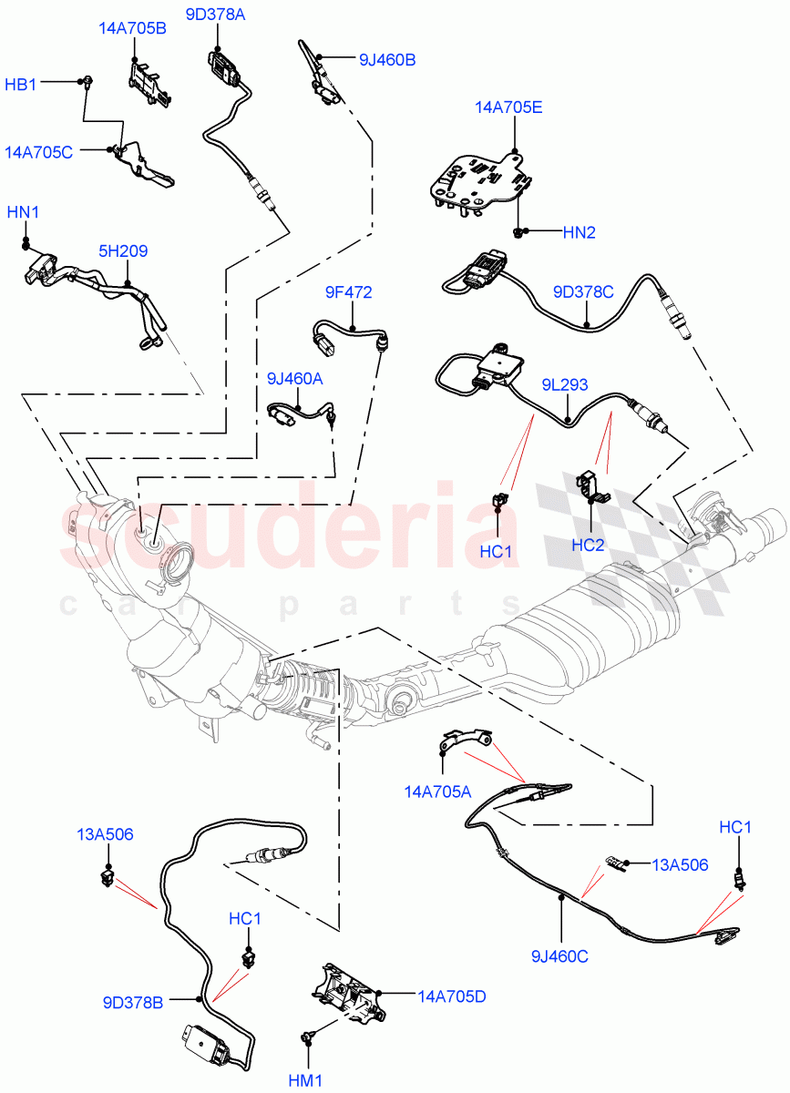 Exhaust Sensors And Modules (2.0L AJ21D4 Diesel Mid, EU6D - Final (Diesel) Emission, Itatiaia (Brazil), Bharat VI Emission, J-WLTP Emission) of Land Rover Land Rover Range Rover Evoque (2019+) [2.0 Turbo Diesel AJ21D4]