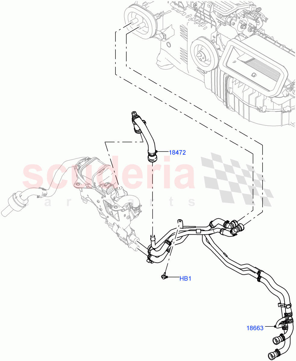 Heater Hoses (Solihull Plant Build) (2.0L I4 DSL HIGH DOHC AJ200, Fuel Fired Heater With Park Heat, With Manual Air Conditioning, Fuel Heater W/Pk Heat With Remote, With Front Comfort Air Con (IHKA), 2.0L I4 DSL MID DOHC AJ200, With Air Conditioning - Front/Rear) ((V) FROMKA000001) of Land Rover Land Rover Discovery 5 (2017+) [3.0 I6 Turbo Diesel AJ20D6]