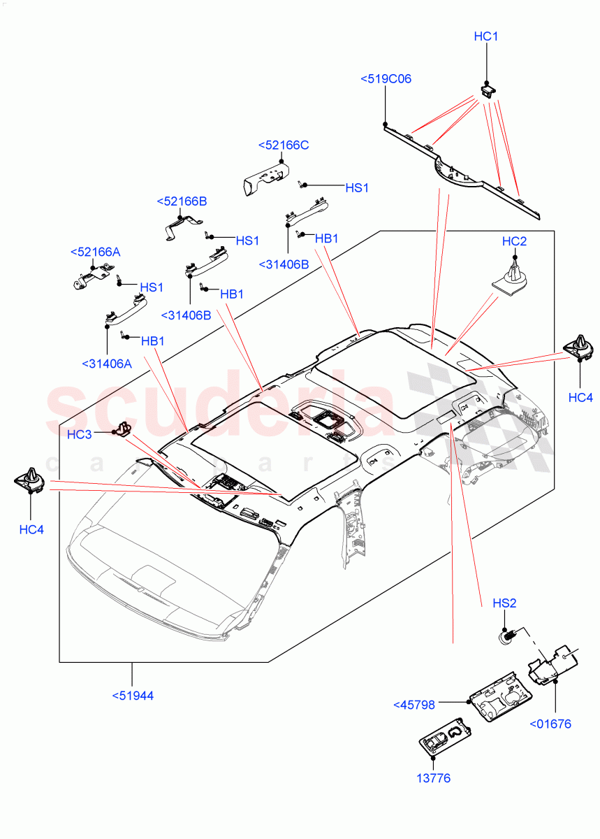 Headlining And Sun Visors (Solihull Plant Build) (Roof Conv-Front And Rear Panoramic, Version - Core, Roof Conv-Power Open Front/Rear Pan) ((V) FROMHA000001) of Land Rover Land Rover Discovery 5 (2017+) [3.0 Diesel 24V DOHC TC]