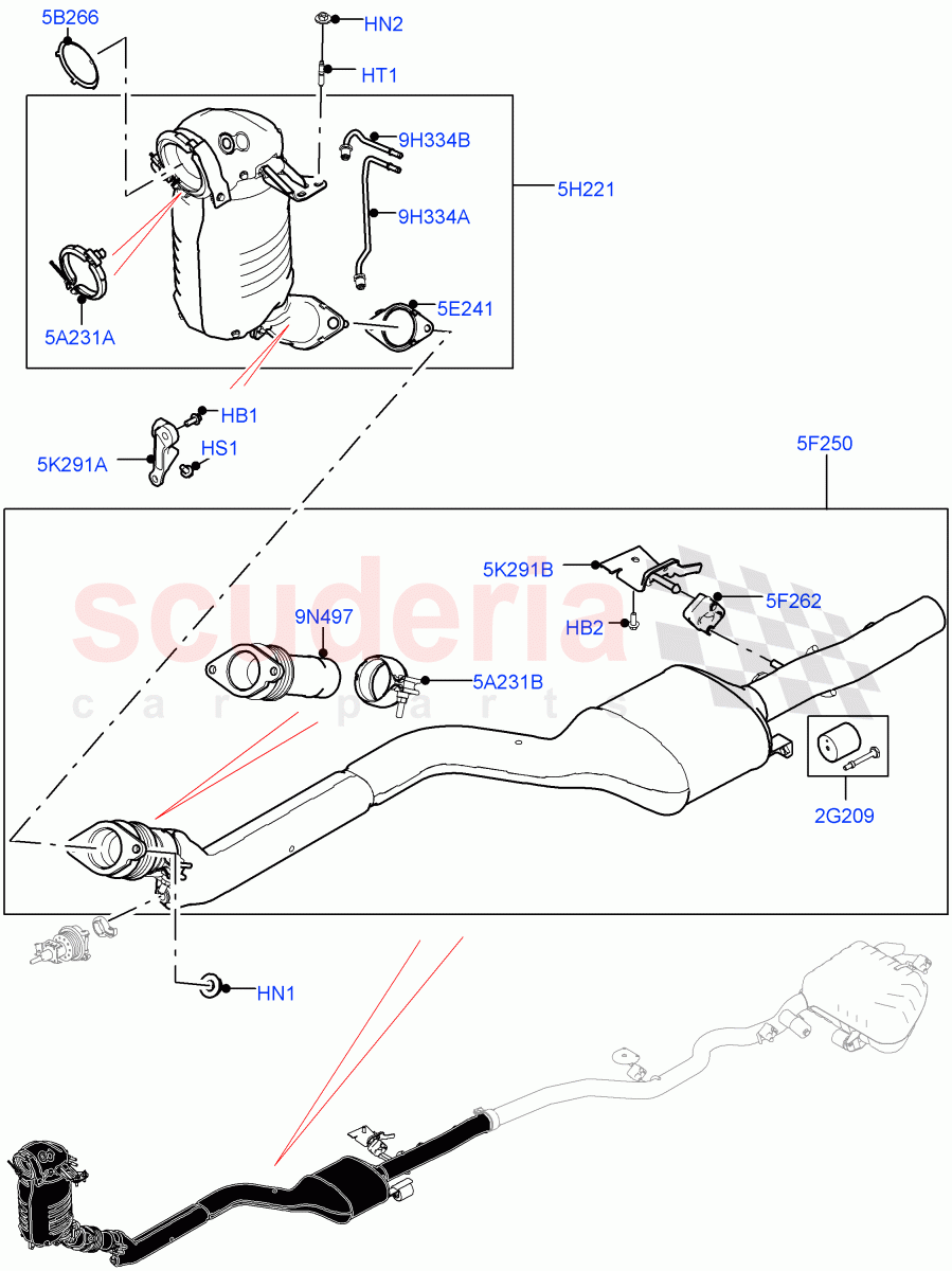 Front Exhaust System (2.0L I4 DSL MID DOHC AJ200, EU6 + DPF Emissions, LEV 160, Japanese Emission + DPF, 2.0L I4 DSL HIGH DOHC AJ200, EU6D Diesel + DPF Emissions) of Land Rover Land Rover Range Rover Velar (2017+) [2.0 Turbo Diesel]