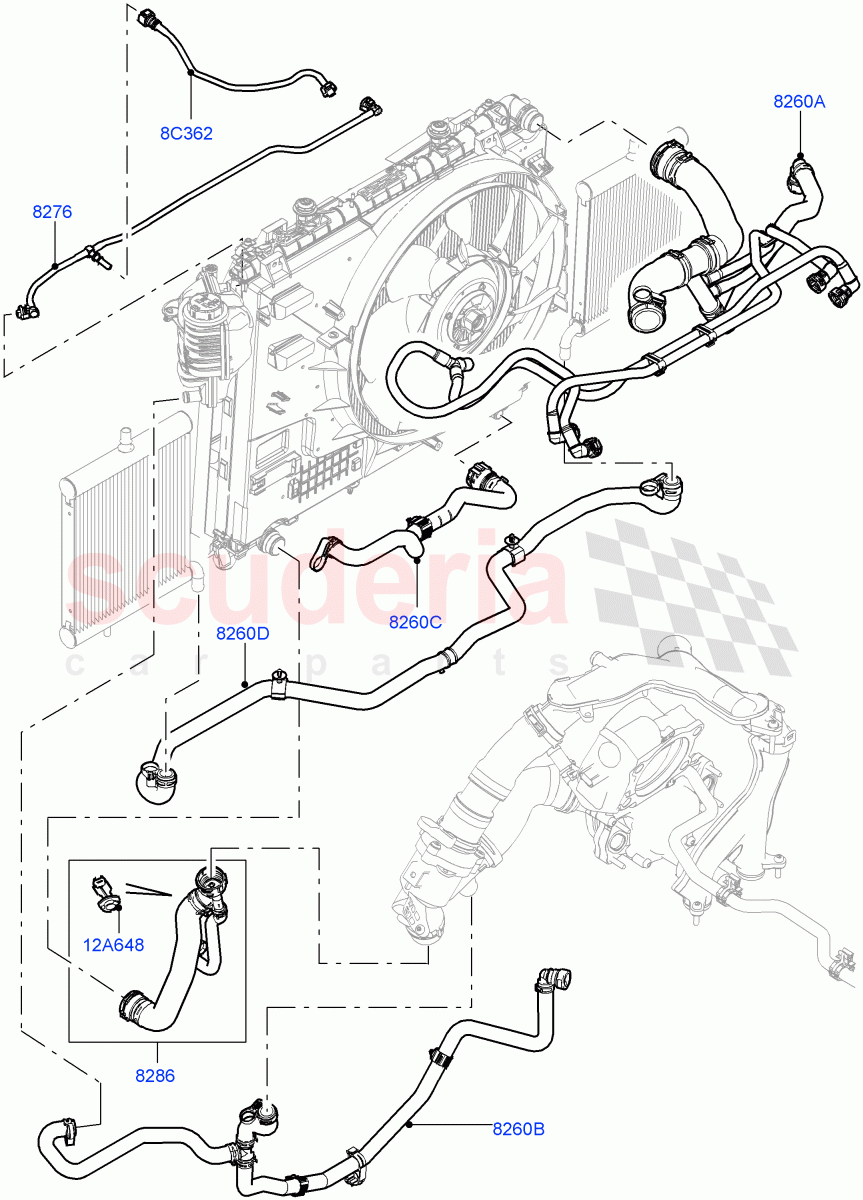 Cooling System Pipes And Hoses (Solihull Plant Build) (3.0L DOHC GDI SC V6 PETROL, Less Active Tranmission Warming) ((V) FROMKA000001) of Land Rover Land Rover Discovery 5 (2017+) [3.0 DOHC GDI SC V6 Petrol]